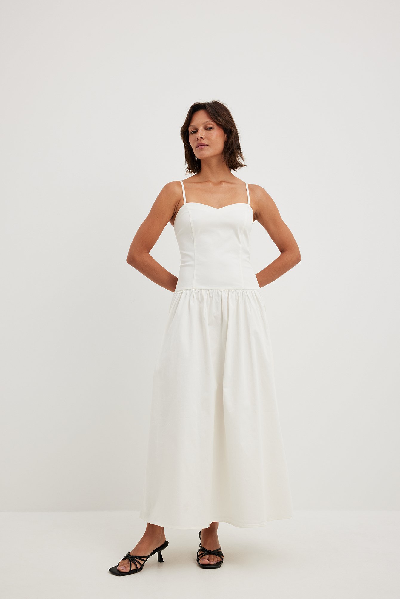 White Low Waist Cotton Midi Dress