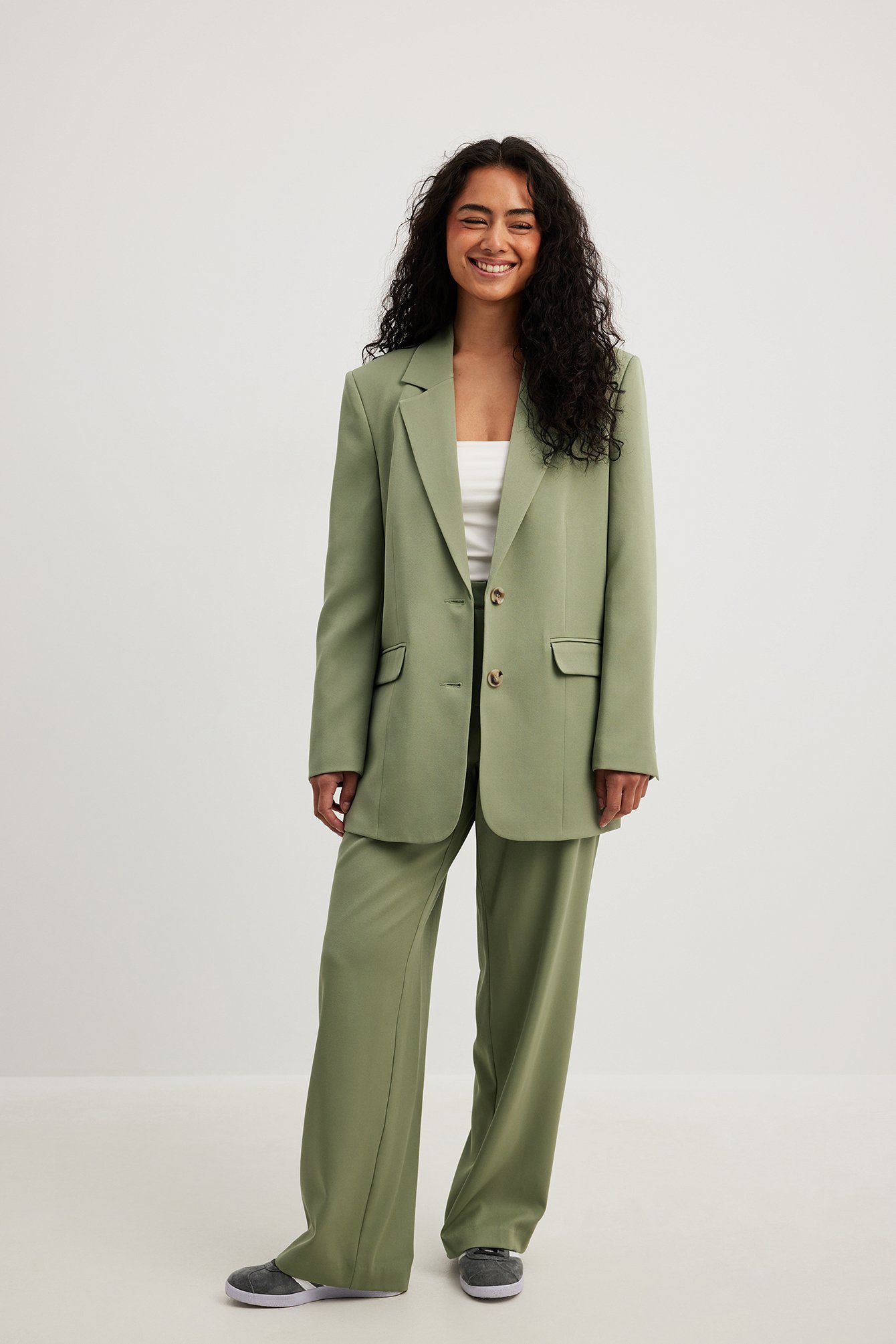 Tea Green Pleat Detail Mid Waist Suit Pants
