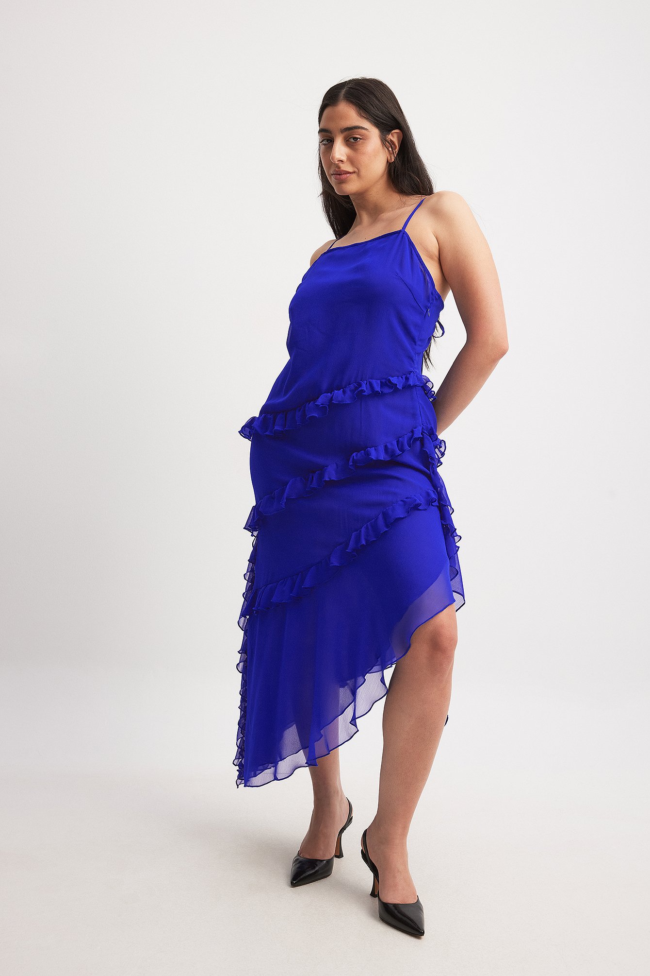 Blue Ruffle Chiffon Midi Dress