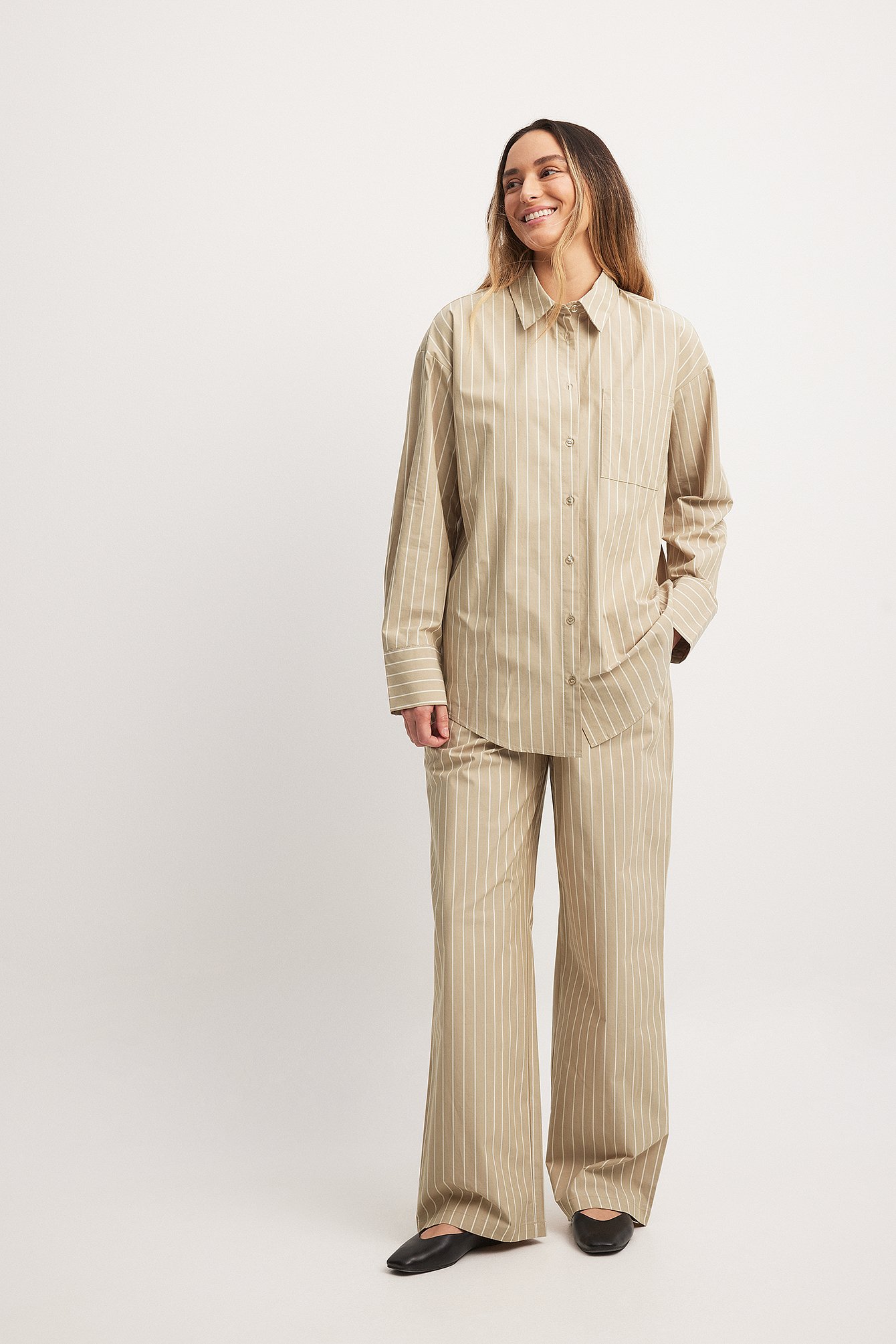 Beige Stripe Striped Cotton Drawstring Pants