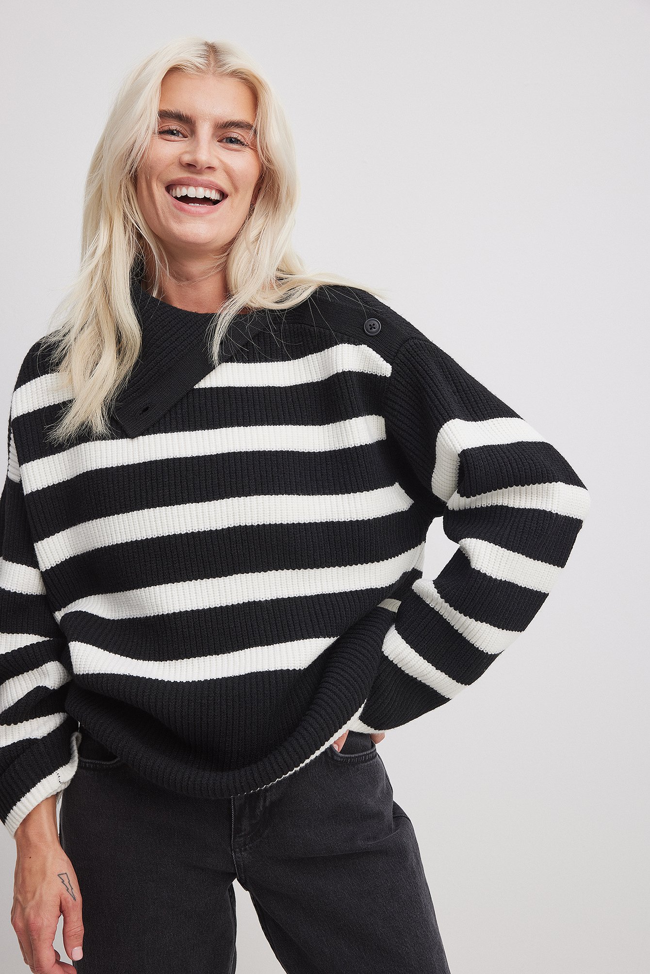 Black/White Striped Knitted Turtleneck Sweater