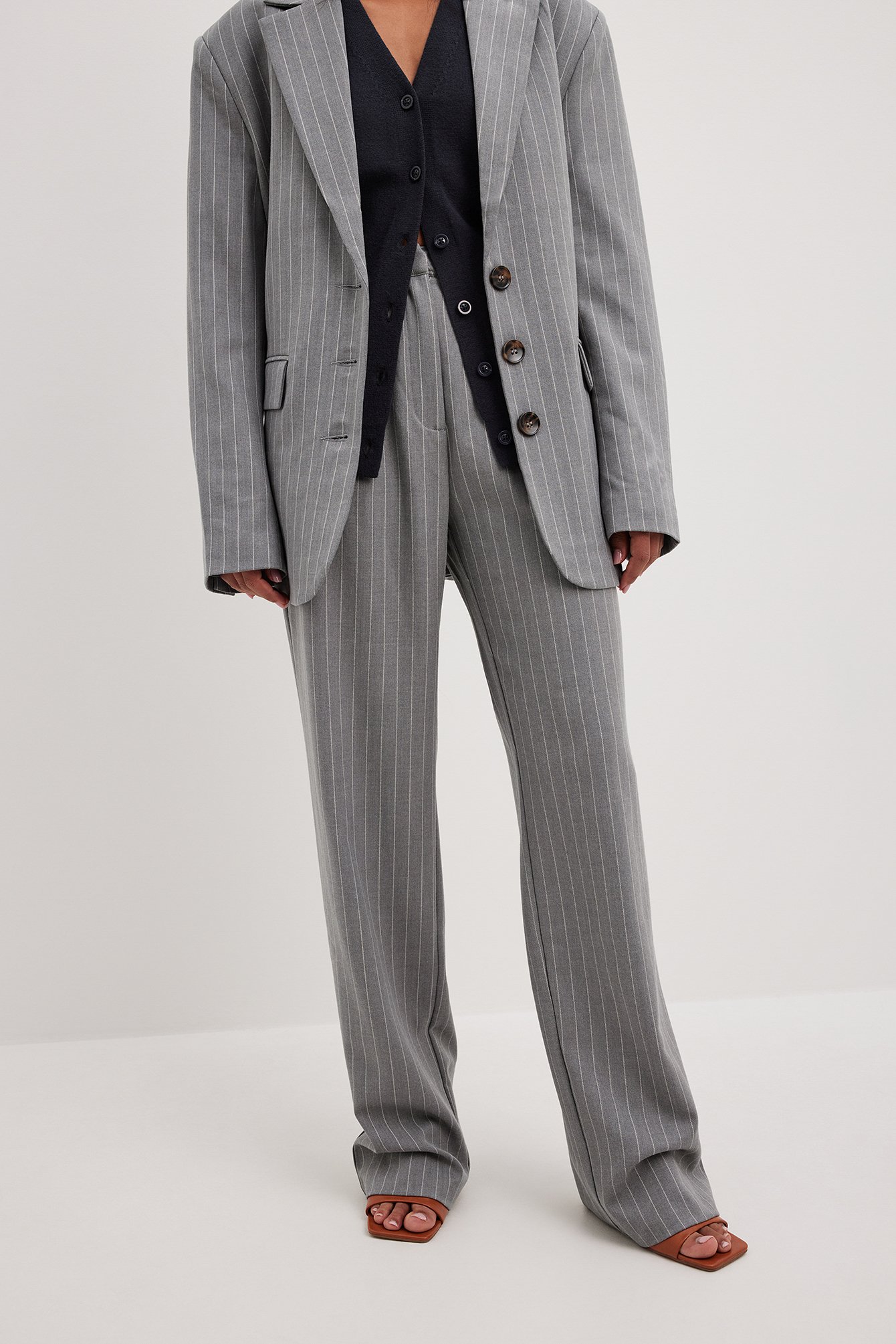 Grey Stripe Striped High Waist Trousers