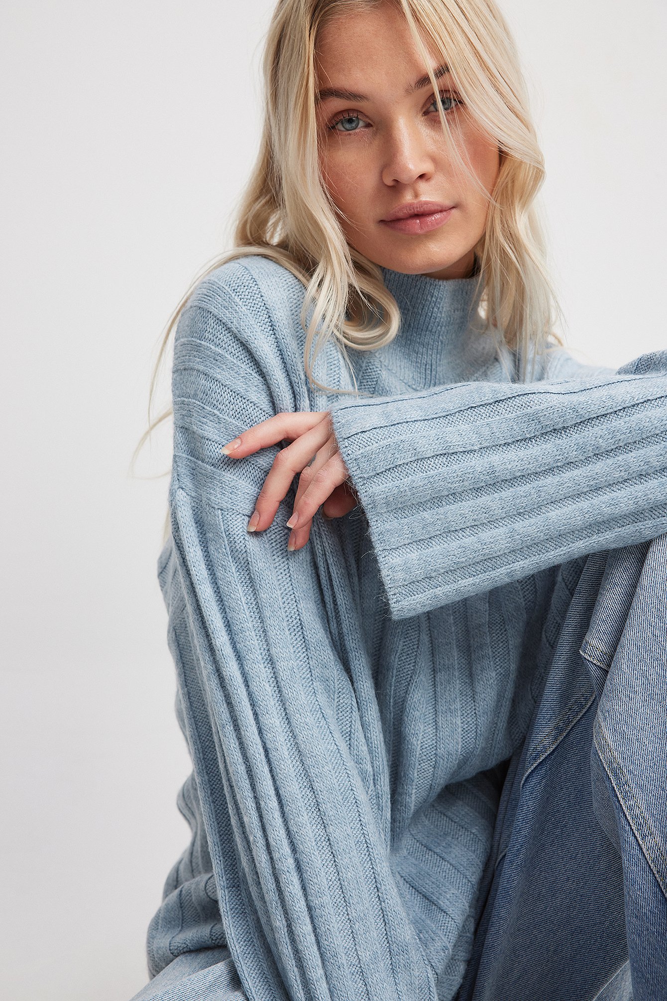 Blue Turtle Neck Knitted Wide Rib Sweater