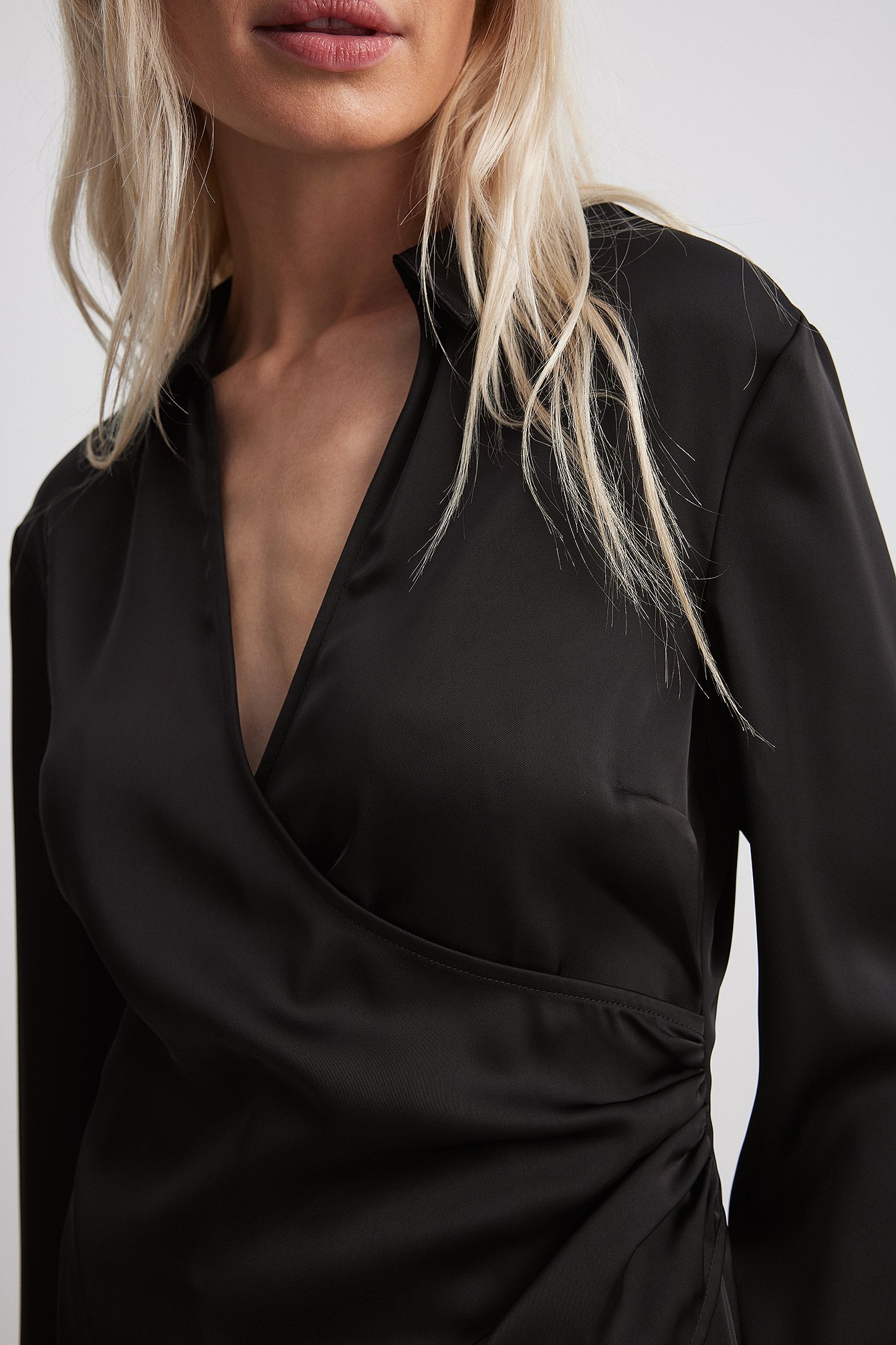 Black Wrap Detail Satin Shirt